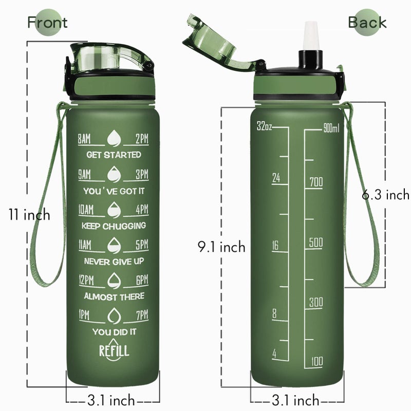 Enerbone 32 oz Water Bottle, Leakproof BPA & Toxic Free, Motivational Water Bottle with Times to Drink and Straw, Fitness Sports Water Bottle with Strap for Office, Gym, Outdoor Sports, Hunter Green - Image 3
