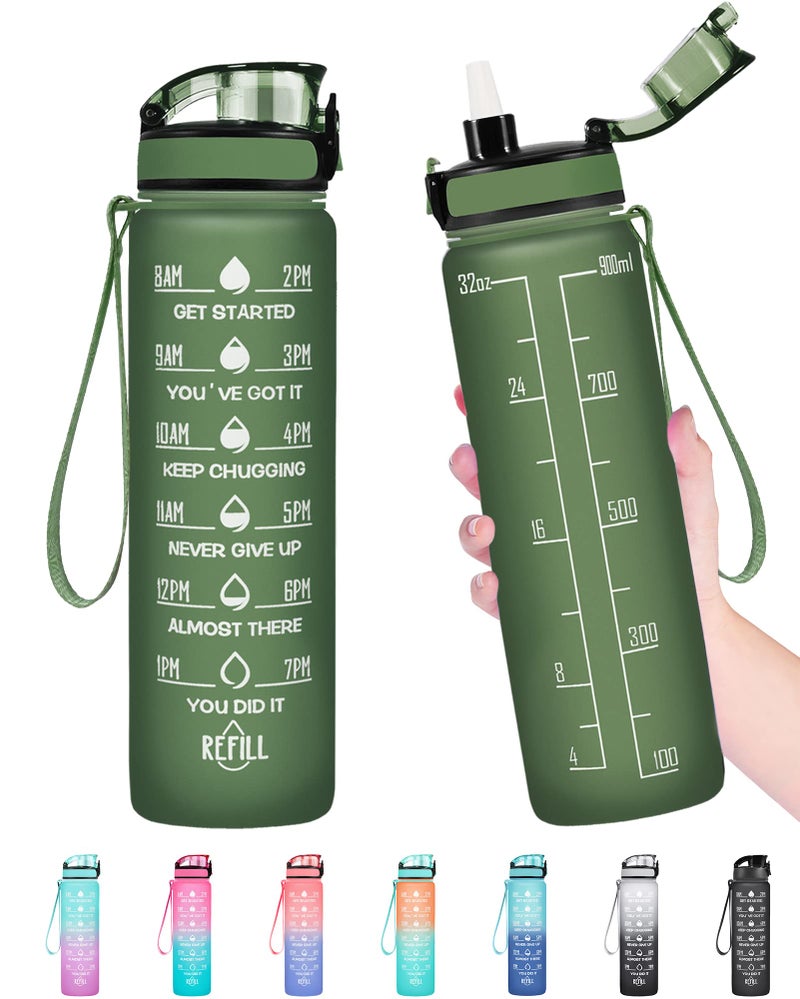 Enerbone 32 oz Water Bottle, Leakproof BPA & Toxic Free, Motivational Water Bottle with Times to Drink and Straw, Fitness Sports Water Bottle with Strap for Office, Gym, Outdoor Sports, Hunter Green - Image 1