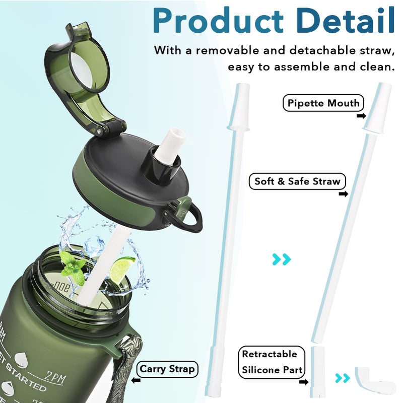 Enerbone 32 oz Water Bottle, Leakproof BPA & Toxic Free, Motivational Water Bottle with Times to Drink and Straw, Fitness Sports Water Bottle with Strap for Office, Gym, Outdoor Sports, Hunter Green - Image 5