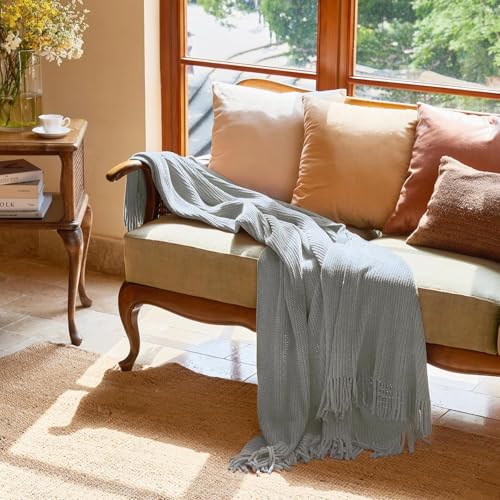 lifein Throw Blanket for Couch, Soft Boho Decor Bed Throw,Cozy Grey Knitted Chenille Small Farmhouse Lightweight Throw (Light Grey,50 * 60") - Image 2