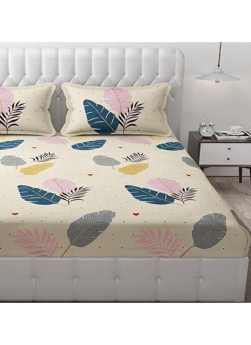 JDX JDX BedSheet Cotton Feel Glace Cotton Elastic Fitted Leaf Printed Queen Size Double Bed Bedsheet with 2 Pillow Covers 72x78 Thick Cream Color  - Image 3