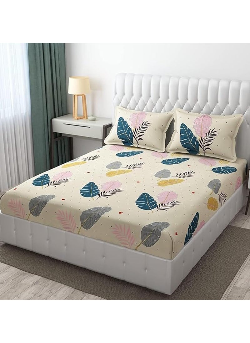 JDX JDX BedSheet Cotton Feel Glace Cotton Elastic Fitted Leaf Printed Queen Size Double Bed Bedsheet with 2 Pillow Covers 72x78 Thick Cream Color  - Image 2