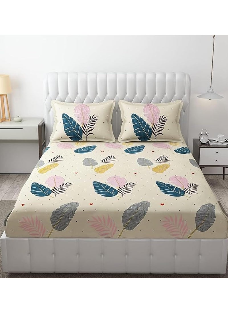 JDX JDX BedSheet Cotton Feel Glace Cotton Elastic Fitted Leaf Printed Queen Size Double Bed Bedsheet with 2 Pillow Covers 72x78 Thick Cream Color  - Image 1