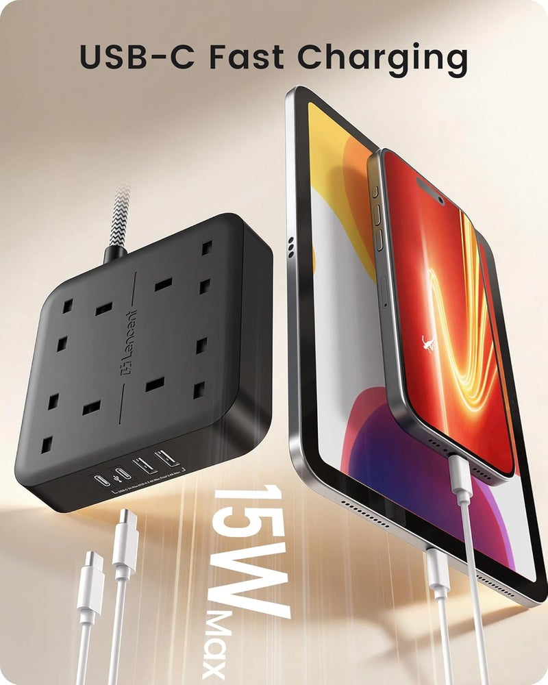 لينسينت سلك تمديد LENCENT مع منفذ USB-C، مقبس طاقة 4 منافذ مع 4 منافذ USB (3.4A، منفذين Type C ومنفذين USB-A) محطة شحن متعددة المقابس مع سلك تمديد مضفر بطول 1.8 متر للمنزل، 3250 واط، أسود - Image 3