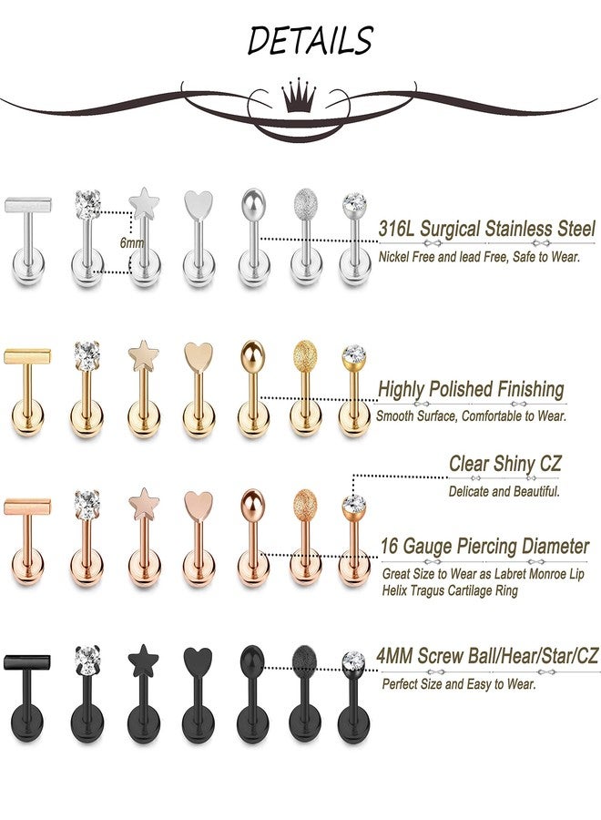Masedy 16Pcs 16G 316L Stainless Steel CZ Labret Monroe Lip Rings Cartilage Helix Tragus Nose Piercing 6-8MM (C: 28Pcs 6MM) - Image 3