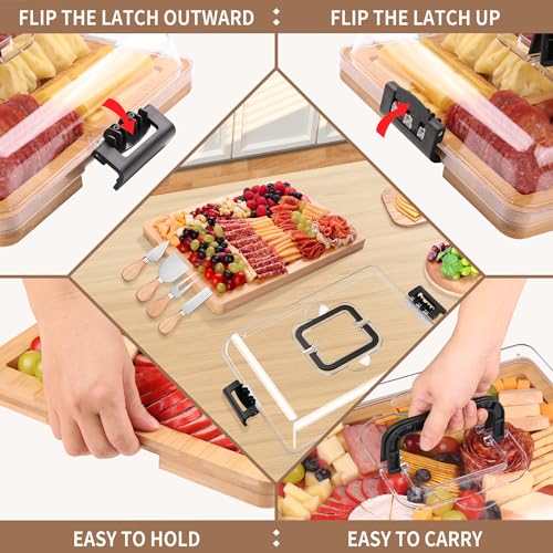 CAWIU Charcuterie Board with Lid and Handle - Portable Travel Design Bamboo Cheese Board Set with 4 Cheese Tools, Gift for Housewarming, Weddings, Picnics (6 Compartments, Black) - Image 2