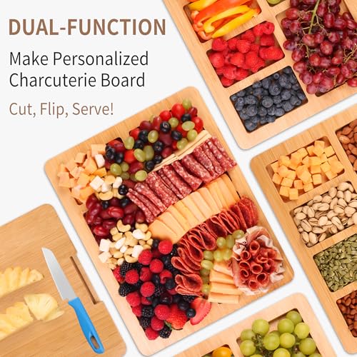 CAWIU Charcuterie Board with Lid and Handle - Portable Travel Design Bamboo Cheese Board Set with 4 Cheese Tools, Gift for Housewarming, Weddings, Picnics (6 Compartments, Black) - Image 4