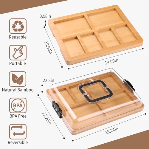 CAWIU Charcuterie Board with Lid and Handle - Portable Travel Design Bamboo Cheese Board Set with 4 Cheese Tools, Gift for Housewarming, Weddings, Picnics (6 Compartments, Black) - Image 5