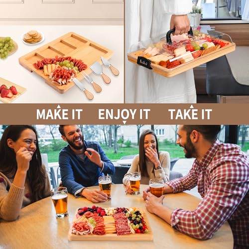 CAWIU Charcuterie Board with Lid and Handle - Portable Travel Design Bamboo Cheese Board Set with 4 Cheese Tools, Gift for Housewarming, Weddings, Picnics (6 Compartments, Black) - Image 3
