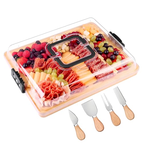 CAWIU Charcuterie Board with Lid and Handle - Portable Travel Design Bamboo Cheese Board Set with 4 Cheese Tools, Gift for Housewarming, Weddings, Picnics (6 Compartments, Black) - Image 1