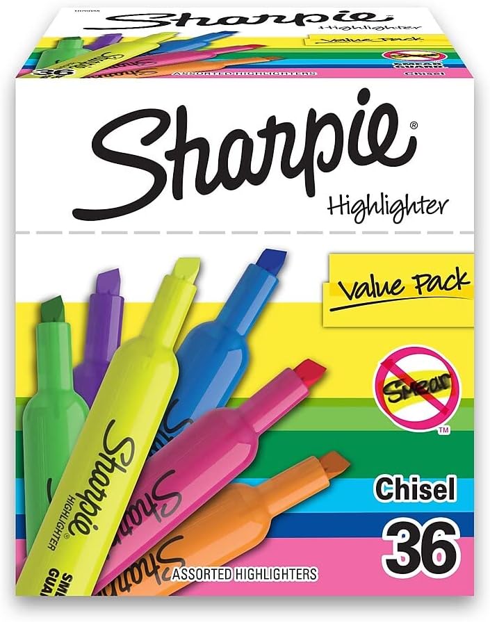 Sharpie Tank Highlighters, Fluorescent And Pastel Highlighters, Chisel Tip, Highlighter Markers Set, Assorted Colors, Value Pack, 36 Count - School, Office, Teacher Supplies - Image 1