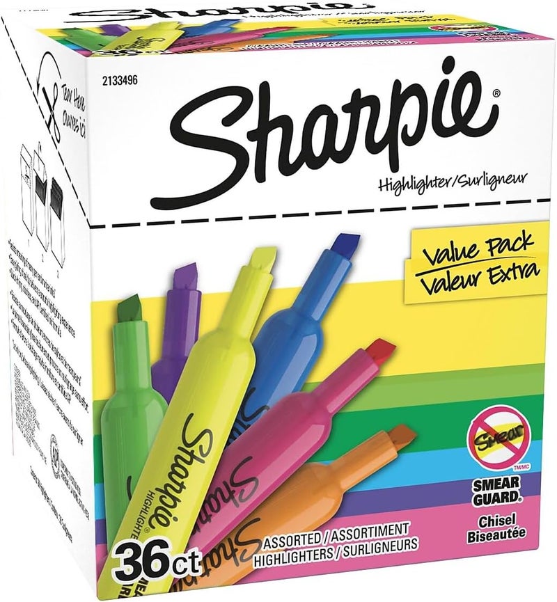 Sharpie Tank Highlighters, Fluorescent And Pastel Highlighters, Chisel Tip, Highlighter Markers Set, Assorted Colors, Value Pack, 36 Count - School, Office, Teacher Supplies - Image 2
