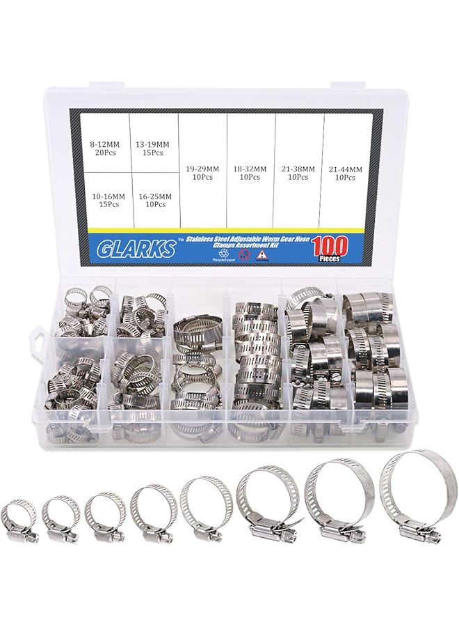 Glarks 100Pcs Adjustable 8-44mm Range 304 Stainless Steel Worm Gear Hose Clamps Assortment Kit, Fuel Line Clamp for Water Pipe, Plumbing, Automotive and Mechanical Application (Hose Clamp Kit) - Image 1