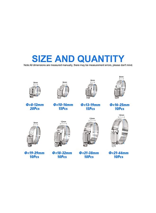 Glarks 100Pcs Adjustable 8-44mm Range 304 Stainless Steel Worm Gear Hose Clamps Assortment Kit, Fuel Line Clamp for Water Pipe, Plumbing, Automotive and Mechanical Application (Hose Clamp Kit) - Image 2