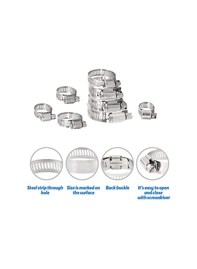 Glarks 100Pcs Adjustable 8-44mm Range 304 Stainless Steel Worm Gear Hose Clamps Assortment Kit, Fuel Line Clamp for Water Pipe, Plumbing, Automotive and Mechanical Application (Hose Clamp Kit) - Image 4