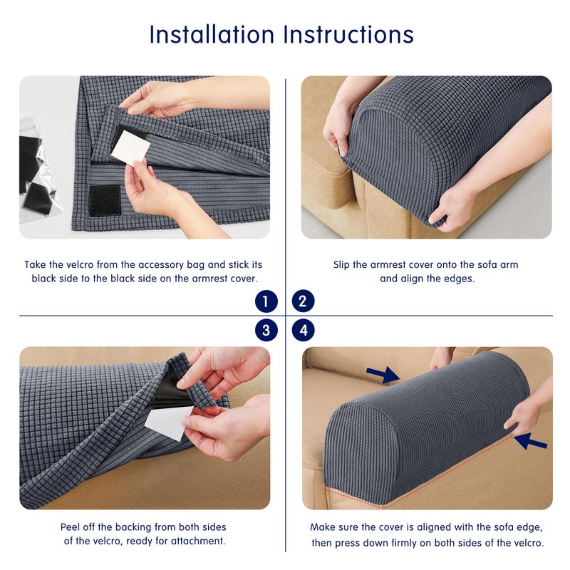 SUBRTEX Stretch Couch Arm Covers Set of 2, Checkered Sofa Arm Slipcovers, Anti-Slip Armrest Covers for Recliner and Armchairs, Pet Proof, High Stretchy, Hook & Loop Tape, Gray - Image 3