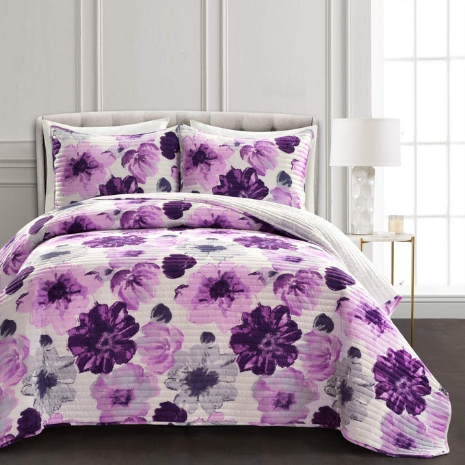 LEAH REVERSIBLE FLORAL QUILT SET 3 PIECE SET KING GRAY PURPLE CHARMING FLORAL BEDDING SET LARGE BLOOMING WATERCOLOR FLOWERS