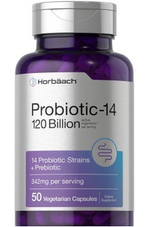 Horbäach Probiotics 120 Billion CFU 14 Strains with Prebiotics for Women & Men 50 Capsules 25 Servings  - Image 1