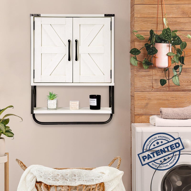 RUSTOWN Farmhouse Medicine Cabinet with 2 Barn Door, Wood Wall Mounted Storage Cabinet with Adjustable Shelf and Towel Bar, 3-Tier Bathroom Cabinet for Bathroom, Living Room(Vintage White, Medium) - Image 4