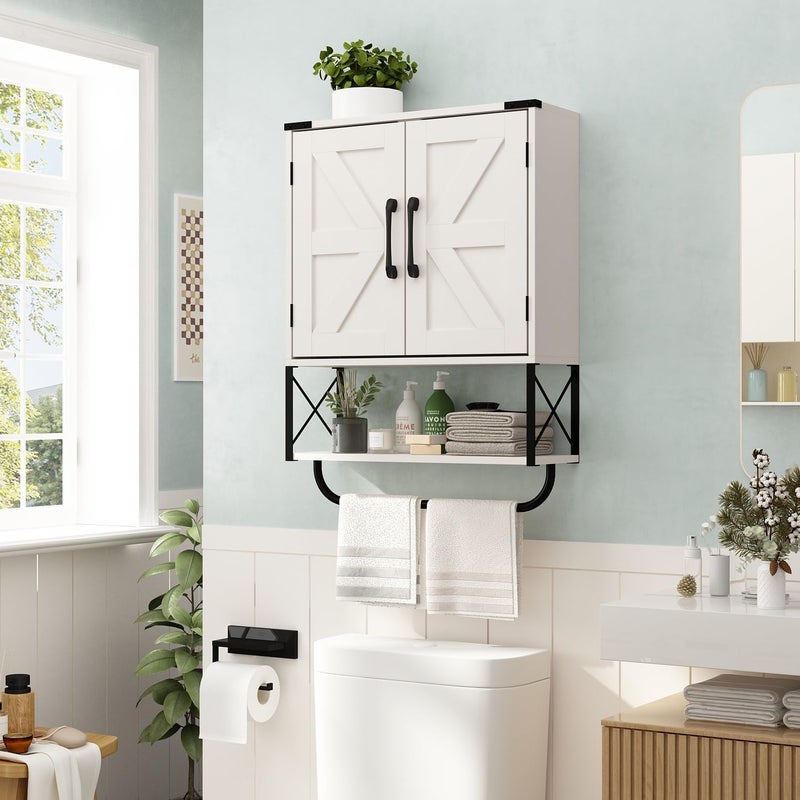 RUSTOWN Farmhouse Medicine Cabinet with 2 Barn Door, Wood Wall Mounted Storage Cabinet with Adjustable Shelf and Towel Bar, 3-Tier Bathroom Cabinet for Bathroom, Living Room(Vintage White, Medium) - Image 2