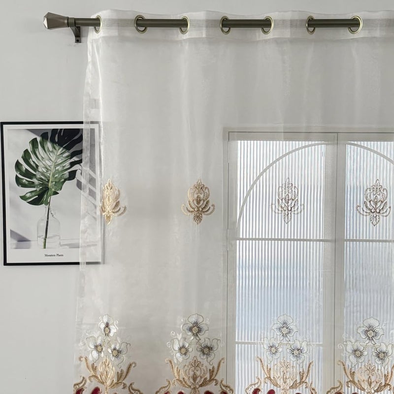 Amidoudou 1 Pair European Luxury Embroidered Sheer Curtains for Living Room Bedroom Window Screening (Beige and Red,63x90 Inch) - Image 5