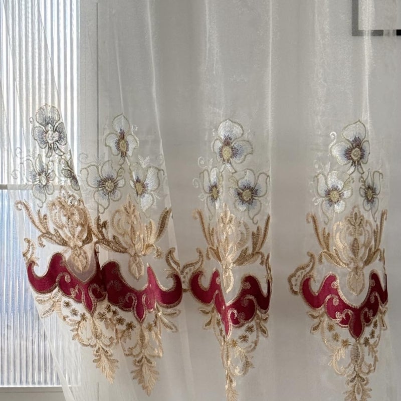 Amidoudou 1 Pair European Luxury Embroidered Sheer Curtains for Living Room Bedroom Window Screening (Beige and Red,63x90 Inch) - Image 4