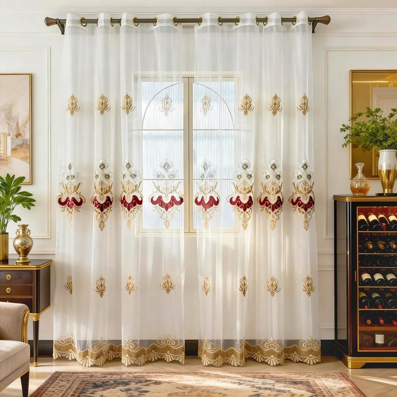Amidoudou 1 Pair European Luxury Embroidered Sheer Curtains for Living Room Bedroom Window Screening (Beige and Red,63x90 Inch) - Image 1