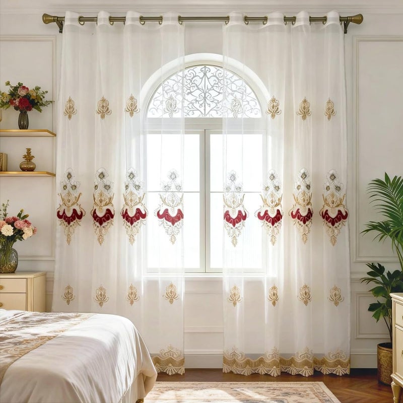 Amidoudou 1 Pair European Luxury Embroidered Sheer Curtains for Living Room Bedroom Window Screening (Beige and Red,63x90 Inch) - Image 3