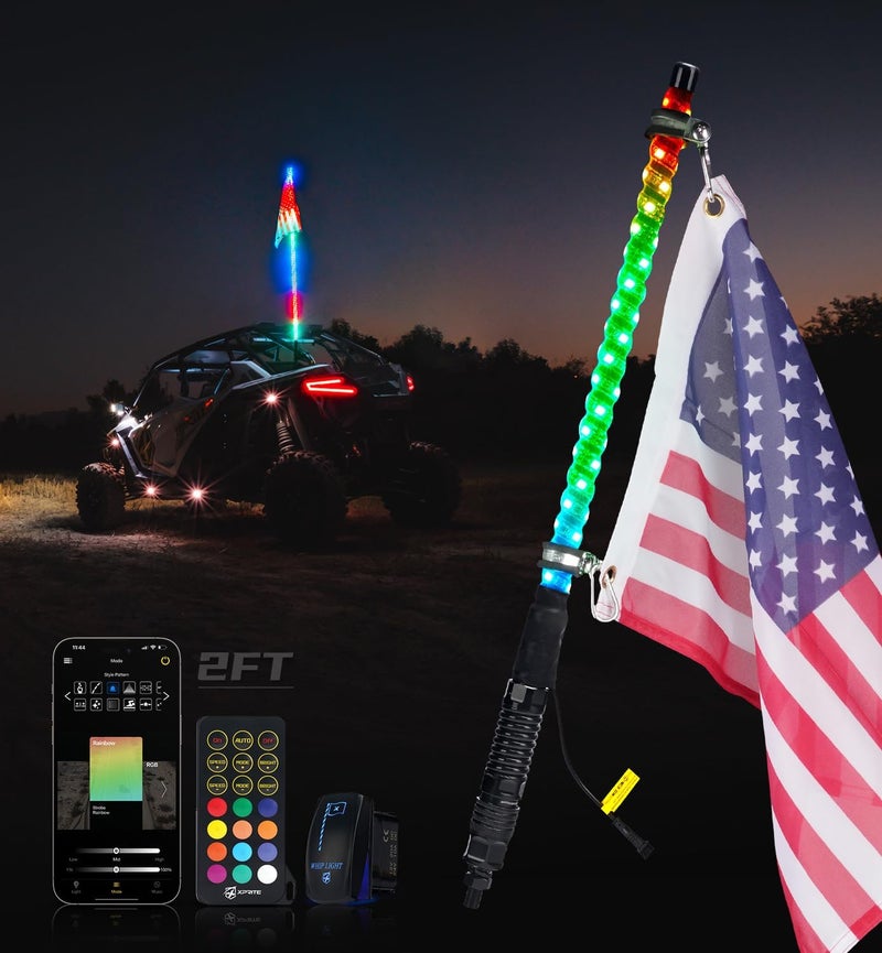 Xprite 1PC 2FT Spiral RGB LED Whip Light with Spring Base, App & Remote Control Chasing Antenna Lighted Whips, Compatible with SXS ATV UTV Polaris RZR Can-am Buggy Trucks Jeep - Image 1