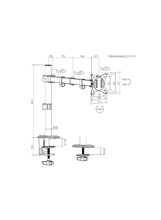 Newstar LDT66-C012 Steel Articulating Monitor Arm – Fits 17–32″ LED/LCD – Supports up to 9 kg – Full Motion: Tilt ±45°, Swivel ±90°, Rotate ±180° – Clamp & Grommet Mount – VESA 75×75/100×100 - Image 4
