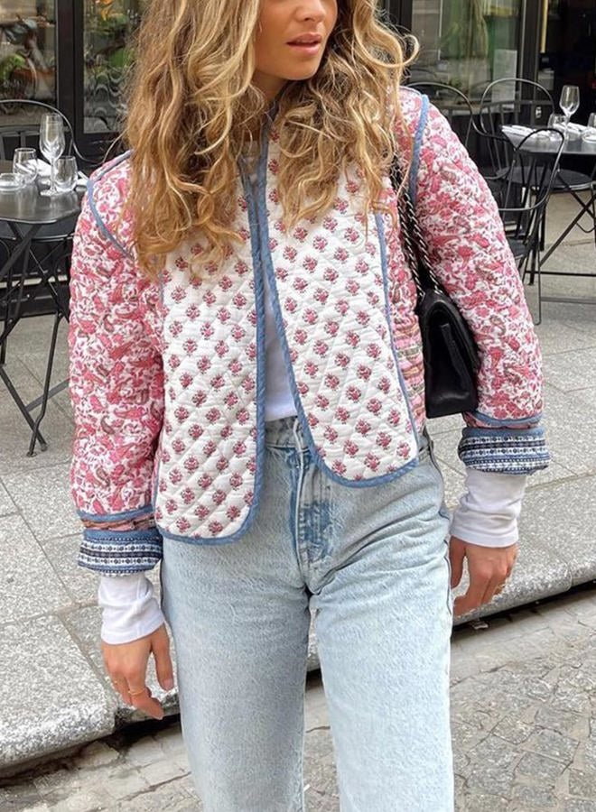 Yimoon Women's Quilted Jacket Lightweight Floral Print Cropped Puffer Coat Short Padded Open Front Winter Outwear - Image 2