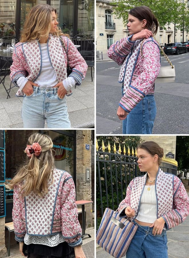 Yimoon Women's Quilted Jacket Lightweight Floral Print Cropped Puffer Coat Short Padded Open Front Winter Outwear - Image 5