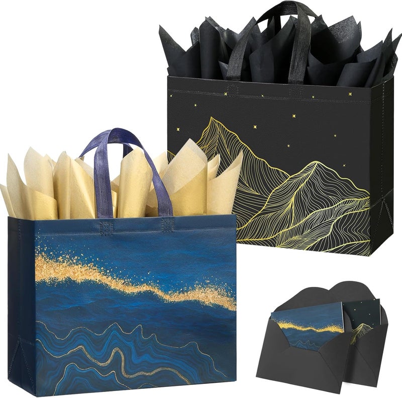 13" Large Gift Bags with Tissue Paper, 2 Pack Reusable Non-woven Gift Bags with Handles (Black, Blue) - Image 1