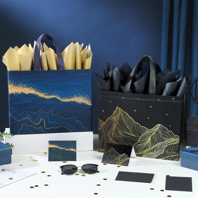 13" Large Gift Bags with Tissue Paper, 2 Pack Reusable Non-woven Gift Bags with Handles (Black, Blue) - Image 4