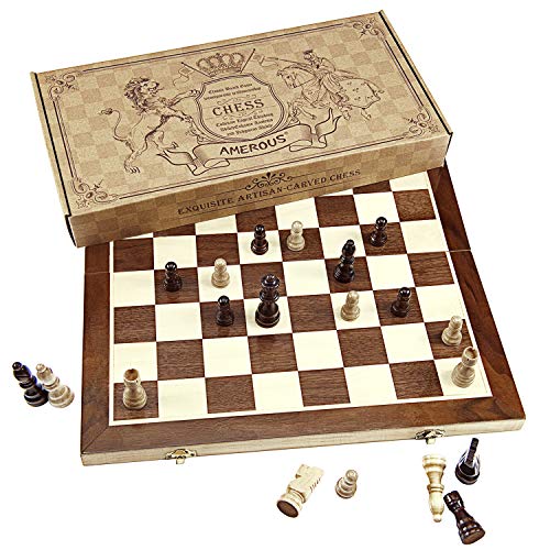 AMEROUS مجموعة شطرنج AMEROUS، لوحة شطرنج مطوية مغناطيسية خشبية قياسية 15"x15" مع قطع شطرنج مصنوعة من الخشب وفتحات تخزين للقطع - Image 2