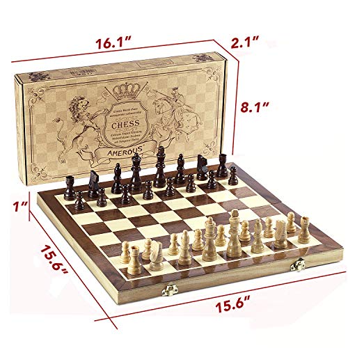 AMEROUS مجموعة شطرنج AMEROUS، لوحة شطرنج مطوية مغناطيسية خشبية قياسية 15"x15" مع قطع شطرنج مصنوعة من الخشب وفتحات تخزين للقطع - Image 5
