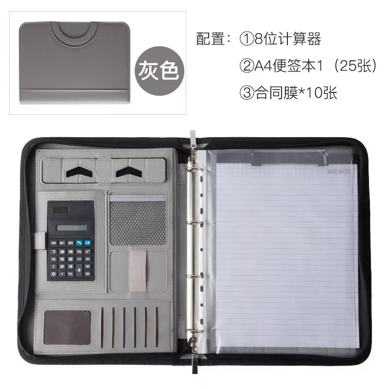 Generic A4 Business Zippered Portfolio Case with Phone Stand Gray calculator 10 paper bag note pad 