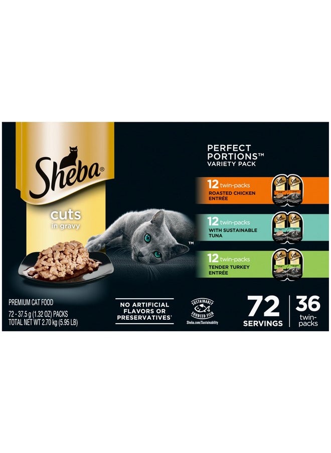 Sheba Sheba Perfect Portions Wet Cat Food Cuts in Gravy Variety Pack, Roasted Chicken Entree, with Sustainable Tuna, and Tender Turkey Entree, 2.6 oz. Twin-Pack Trays (36 Count, 72 Servings)  - Image 1