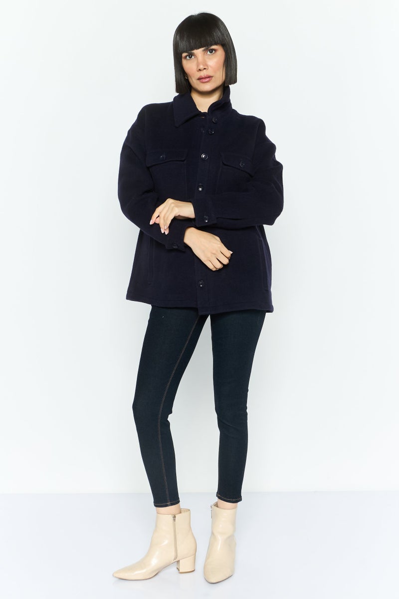 NAH/ Studio Women Solid Jacket Shirt, Navy - Image 2