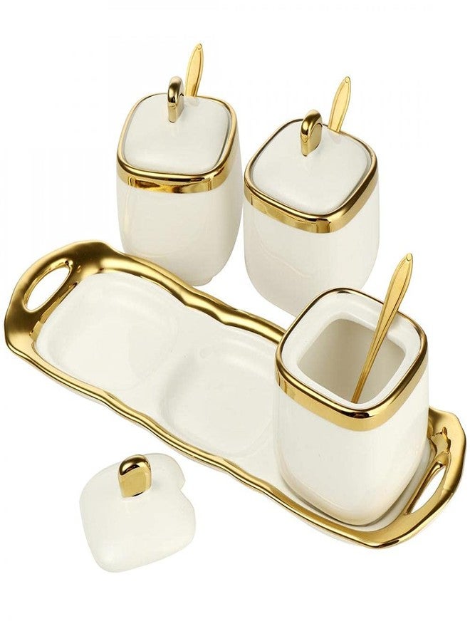 POSHOPS 3 pack Ceramic Sugar Bowls Set-Marble Porcelain Spice Jars Storage Containers Condiment Jar Spice Container with Spoons and Lids for Home and Kitchen (White) - Image 2