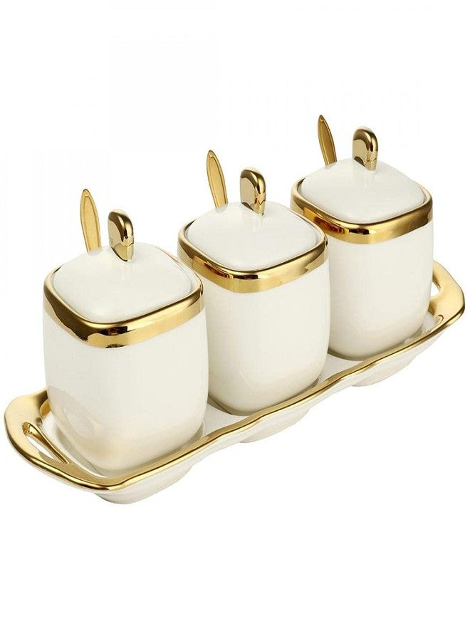 POSHOPS 3 pack Ceramic Sugar Bowls Set-Marble Porcelain Spice Jars Storage Containers Condiment Jar Spice Container with Spoons and Lids for Home and Kitchen (White) - Image 1