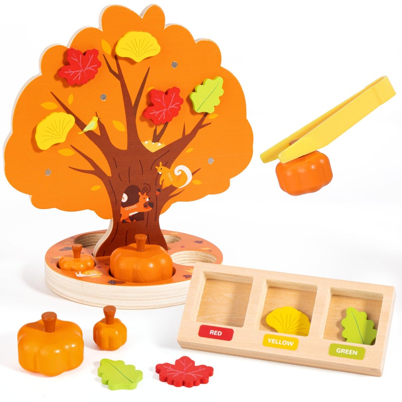 Woodtoe Montessori Toys for 3 4 5 6 Year Old Pumpkin Picking Magnetic Leaves Tree Toy Toddler Fine Motor Skill Toy Wooden Sensory Color Sorting Toys Autumn Pumpkin Toy Birthday Gifts for Kids 36 - Image 3