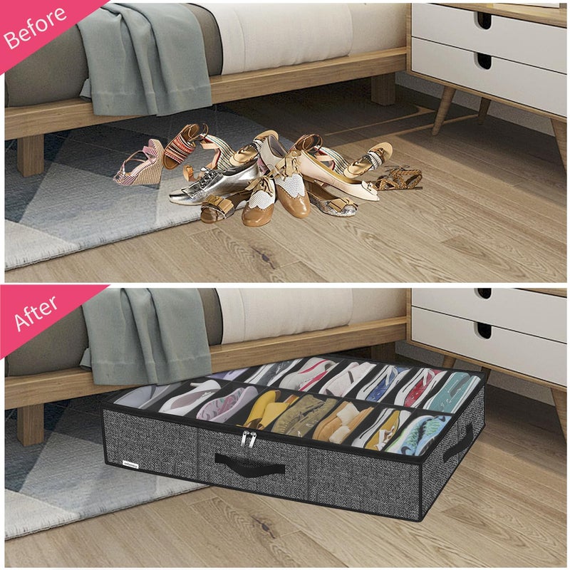Onlyeasy Sturdy Under Bed Shoe Storage Solution Organizer For Closet Fit 16x2 Pairs, Underbed Shoes Container Bags with Reinforced Handles, Breathable, Linen-like Black, MXAUBS16P2 - Image 3