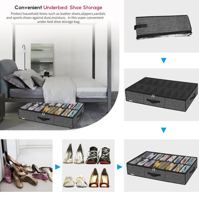 Onlyeasy Sturdy Under Bed Shoe Storage Solution Organizer For Closet Fit 16x2 Pairs, Underbed Shoes Container Bags with Reinforced Handles, Breathable, Linen-like Black, MXAUBS16P2 - Image 5