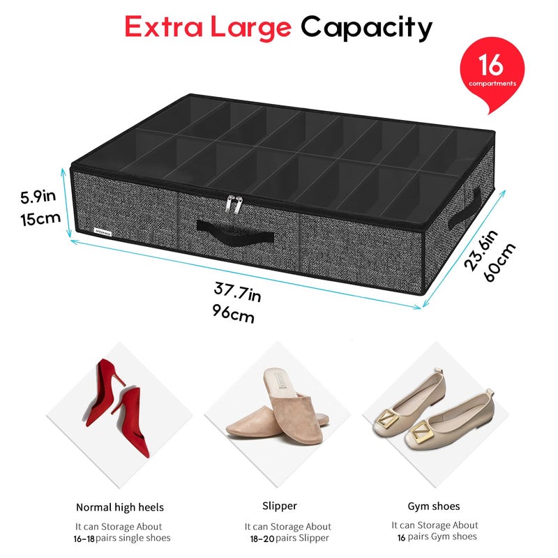 Onlyeasy Sturdy Under Bed Shoe Storage Solution Organizer For Closet Fit 16x2 Pairs, Underbed Shoes Container Bags with Reinforced Handles, Breathable, Linen-like Black, MXAUBS16P2 - Image 2