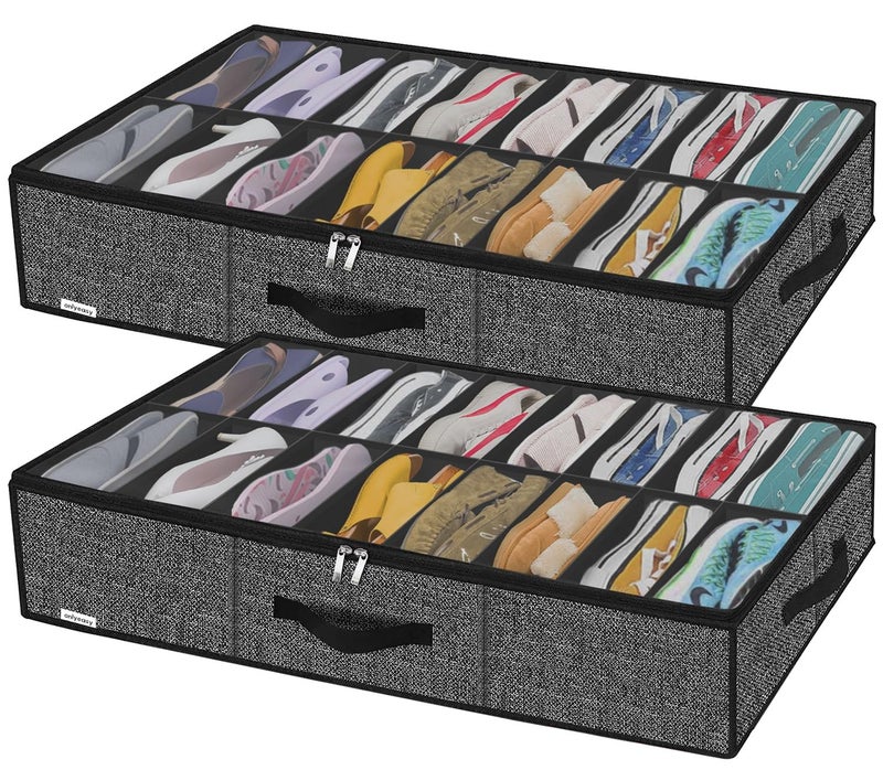 Onlyeasy Sturdy Under Bed Shoe Storage Solution Organizer For Closet Fit 16x2 Pairs, Underbed Shoes Container Bags with Reinforced Handles, Breathable, Linen-like Black, MXAUBS16P2 - Image 1