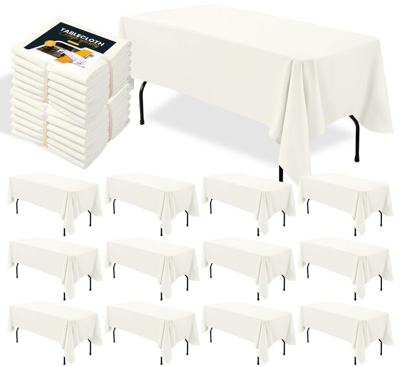 BIGTONE 12 Pack Ivory Rectangle Tablecloth 60 x 102 Inch, Cross Ribbon Packing Reusable Table Clothes for 6 Foot Tables, Wrinkle Resistant Polyester Fabric Table Cover for Wedding, Party, Banquet - Image 1