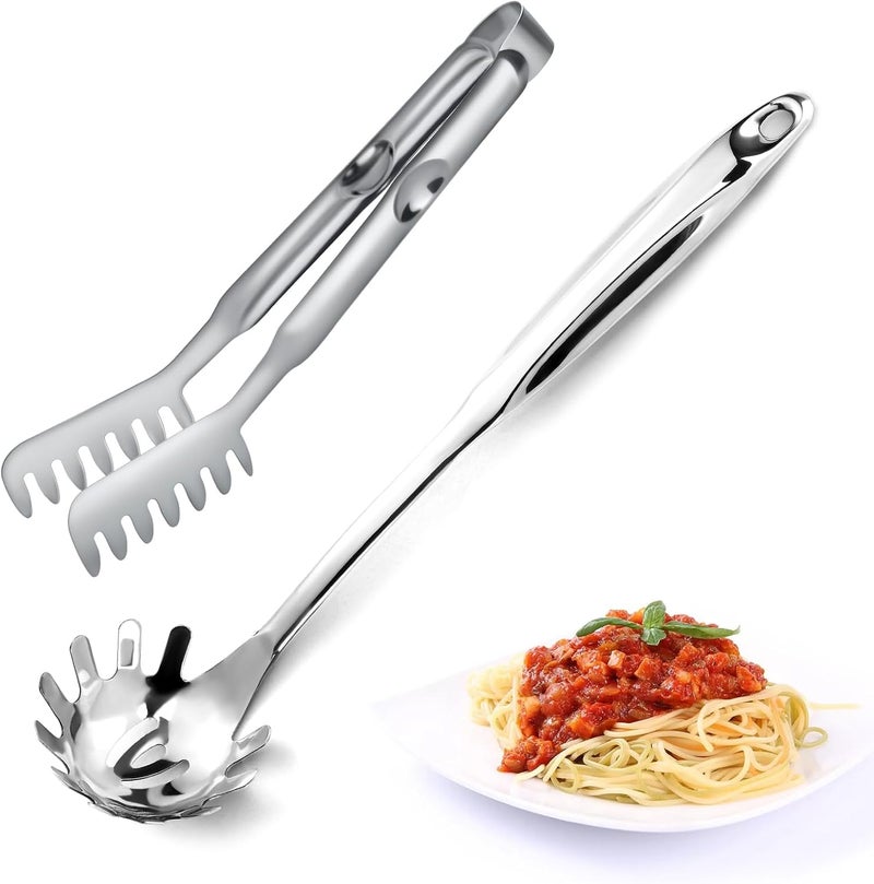 Pleafind Spaghetti Spoon and Spaghetti Tong 2Piece Set 13Inch NonStick Spaghetti Fork and 9Inch Kitchen Tong Easy Storage and Cleanup Ergonomic Design stainless steel Silver - Image 1