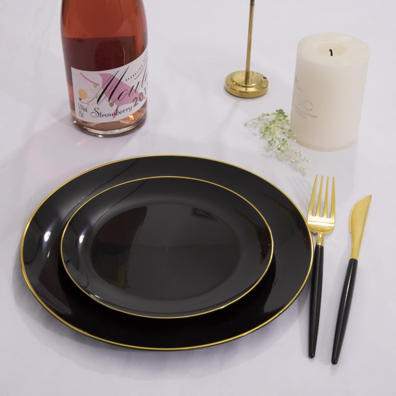 KIRE 60PCS Black Plastic Plates - Black and Gold Plates - Black Disposable Plates with Gold Rim for Party - Include 30Pcs 10.25inch Black Plates and 30Pcs 7.5inch Black Plates - Image 2