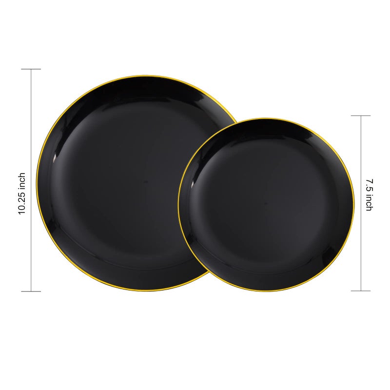 KIRE 60PCS Black Plastic Plates - Black and Gold Plates - Black Disposable Plates with Gold Rim for Party - Include 30Pcs 10.25inch Black Plates and 30Pcs 7.5inch Black Plates - Image 1